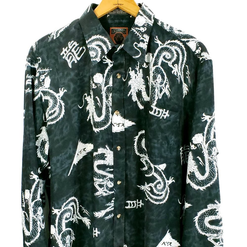 Dagacci Shirt Men's XL Black White Dragons Long Sleeve Button Front